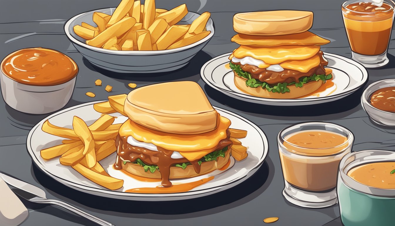 A plate with a francesinha sandwich covered in sauce, surrounded by fries and a small dish of extra sauce