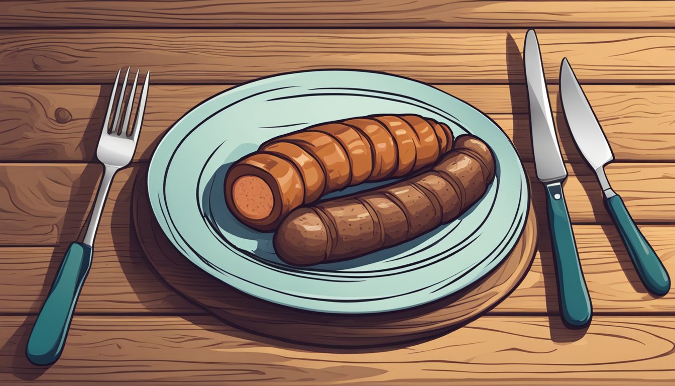 A plate with a sliced alheira sausage, a fork, and a knife on a wooden table