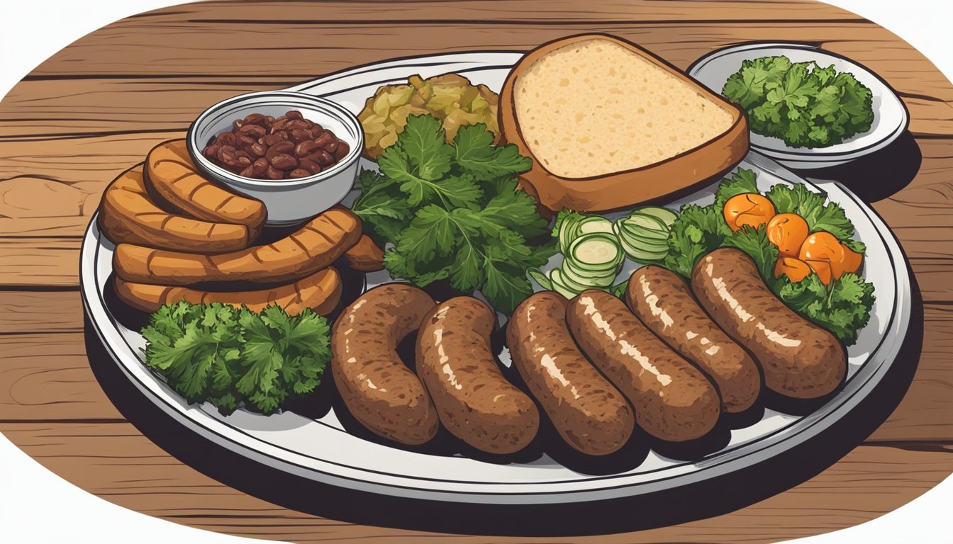 A plate with alheira sausage sliced and arranged with traditional sides, such as greens and bread, on a rustic wooden table