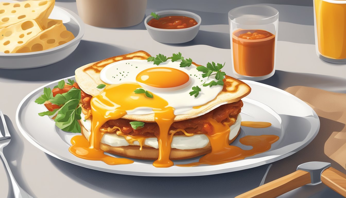 A plate with a francesinha sandwich, topped with melted cheese and a fried egg, surrounded by a pool of spicy tomato sauce