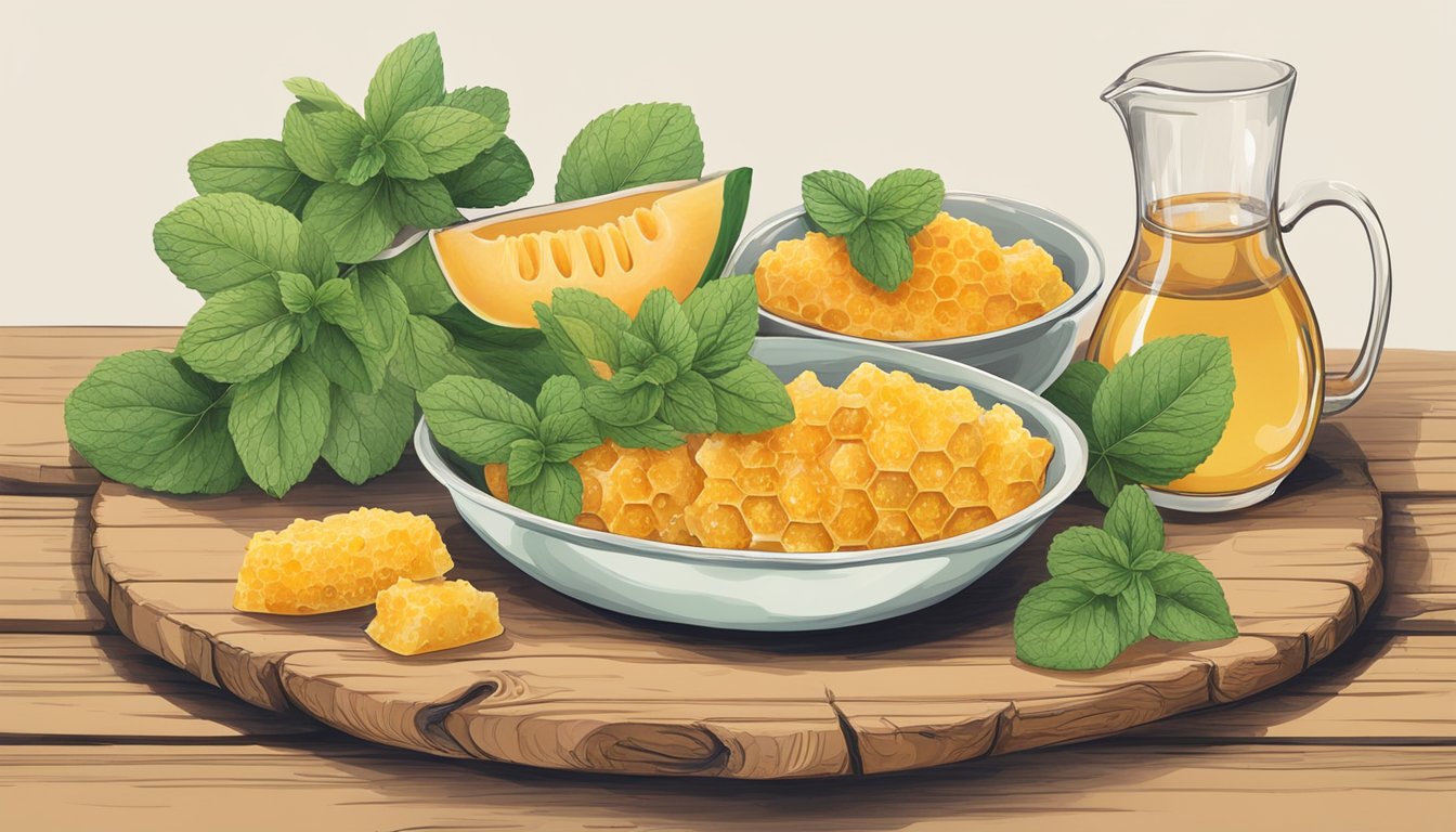 A rustic table set with a bowl of mel i mató, surrounded by fresh honeycomb, ripe melon, and a sprig of mint