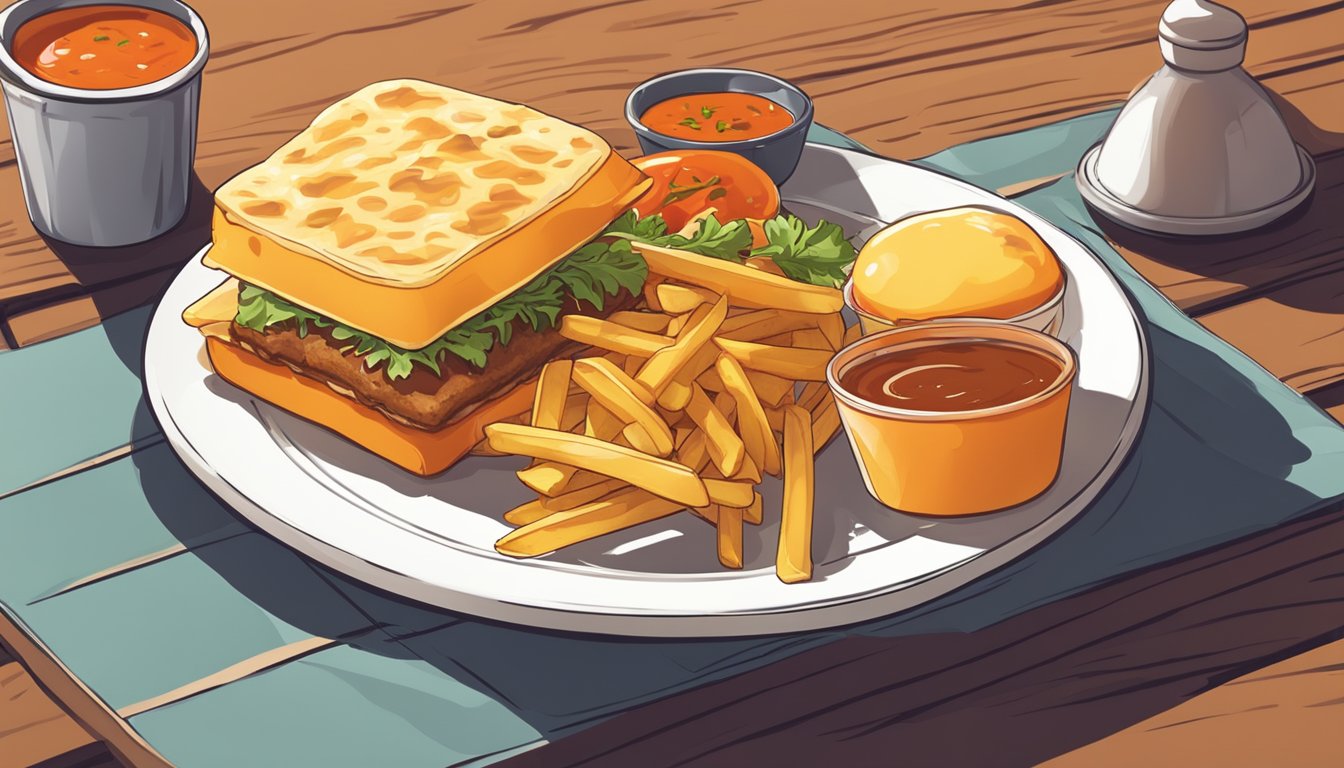 A plate with a francesinha sandwich, accompanied by fries and a side of spicy sauce, sits on a wooden table in a cozy restaurant