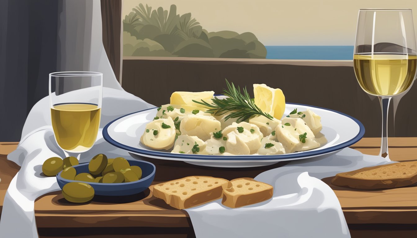 A table set with a plate of bacalhau à brás, accompanied by a glass of wine and a side of olives and bread