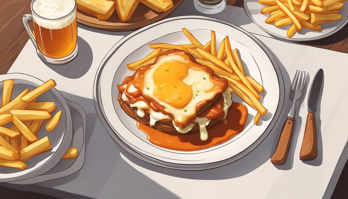 A plate with a homemade francesinha, topped with melted cheese and a rich tomato sauce, surrounded by a side of fries and a cold beer