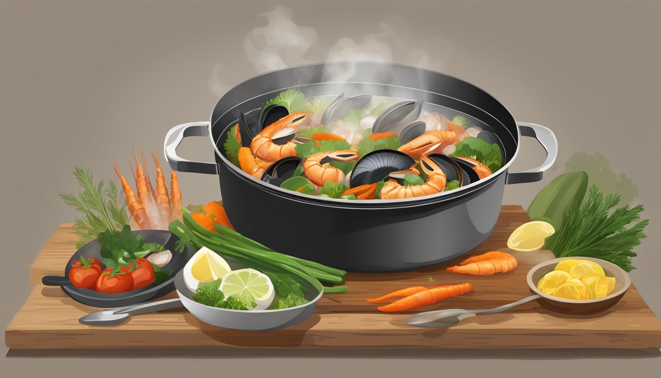 A cataplana cooking pot sits on a rustic wooden table, filled with steaming seafood and vegetables. A pair of serving utensils rest nearby