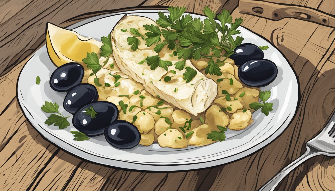 A plate of bacalhau à brás sits on a rustic wooden table, garnished with parsley and olives. A fork is poised to scoop up a mouthwatering bite