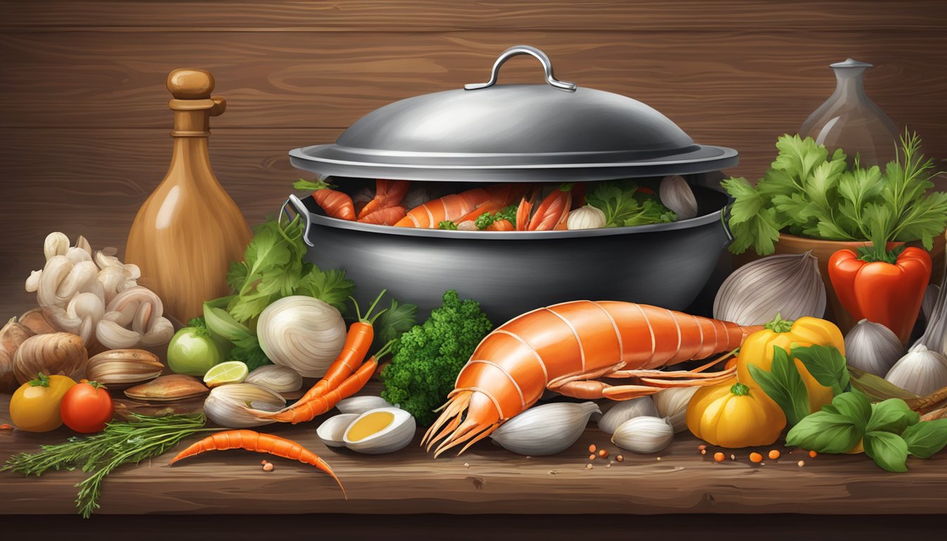 A cataplana cooking pot surrounded by fresh seafood, vegetables, herbs, and spices on a rustic wooden table