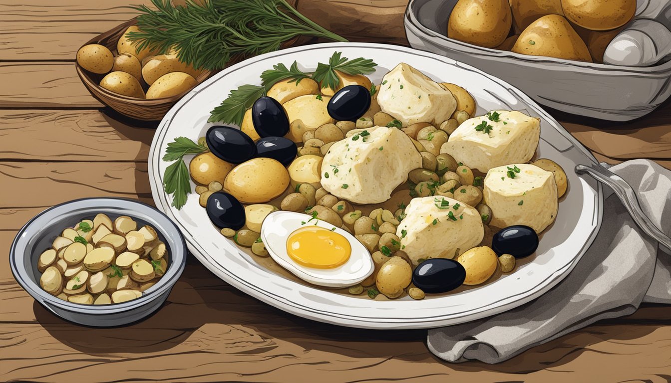 A plate of bacalhau à brás sits on a rustic wooden table, surrounded by traditional Portuguese ingredients like eggs, potatoes, and olives