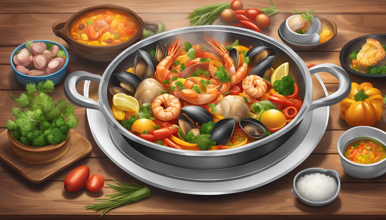 A cataplana dish placed on a wooden table with steam rising, surrounded by colorful ingredients like seafood, chorizo, and vegetables