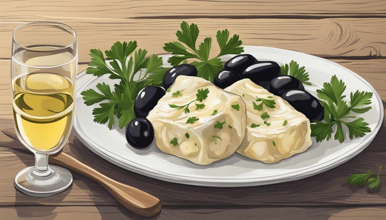 A plate of bacalhau à brás sits on a rustic wooden table, garnished with parsley and accompanied by a side of olives and a glass of white wine