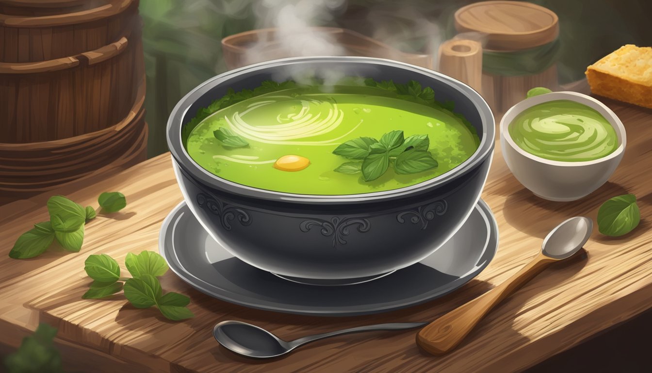 A bowl of caldo verde sits on a wooden table, steam rising from the green soup. A spoon rests beside the bowl. A rustic kitchen with traditional Portuguese decor in the background