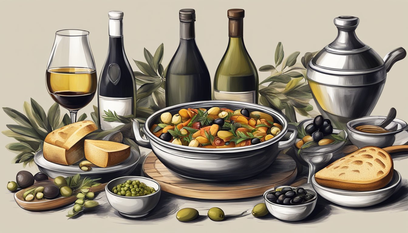 A table set with a traditional cataplana dish surrounded by various accompaniments such as bread, olives, and a bottle of wine