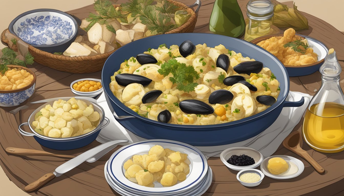 A table set with a traditional Portuguese dish of bacalhau à brás, surrounded by various regional ingredients and utensils