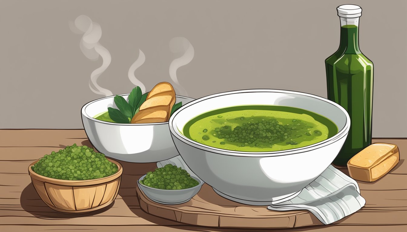 A steaming bowl of caldo verde sits on a rustic wooden table, next to a basket of crusty bread and a bottle of olive oil