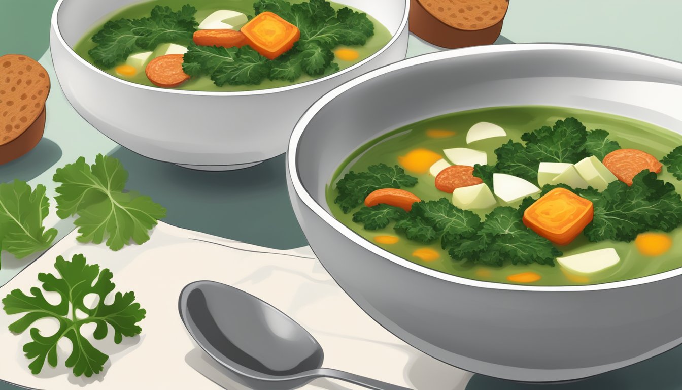 A bowl of caldo verde soup with sliced chorizo and kale