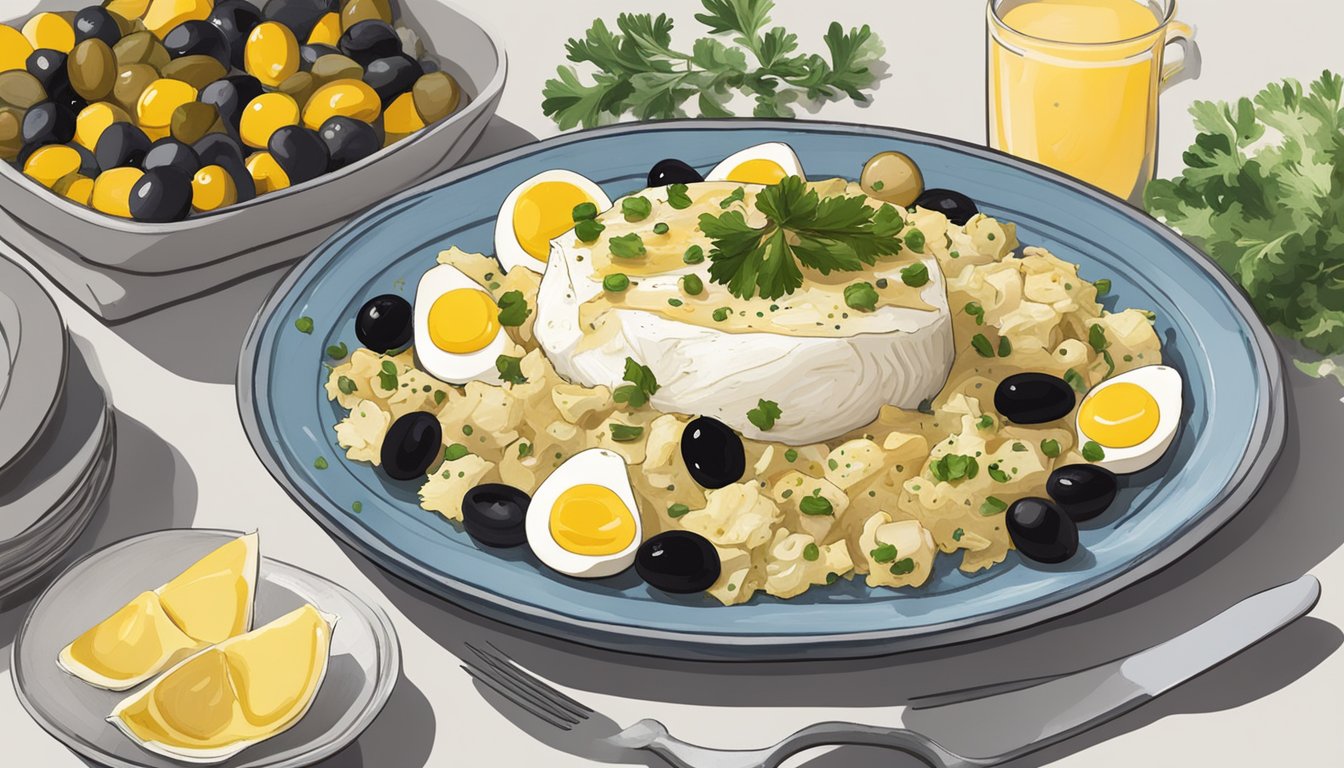 A plate of bacalhau à brás surrounded by scattered ingredients like eggs, onions, and olives, with a fork resting on the side