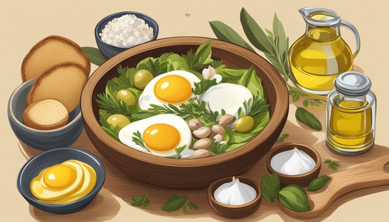 A bowl of açorda surrounded by ingredients like bread, garlic, eggs, and olive oil. A wooden spoon is mixing the ingredients together in a large bowl