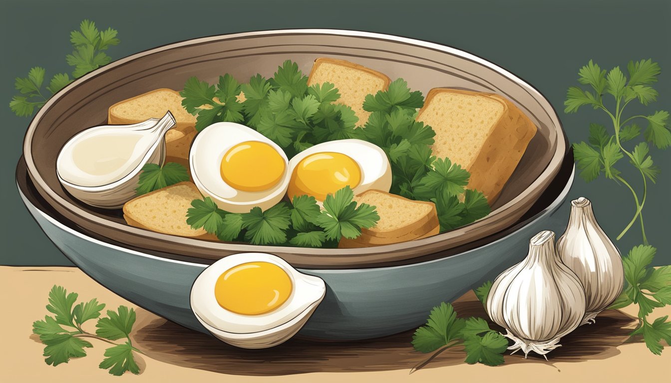 A bowl of açorda surrounded by fresh bread, garlic, eggs, and cilantro