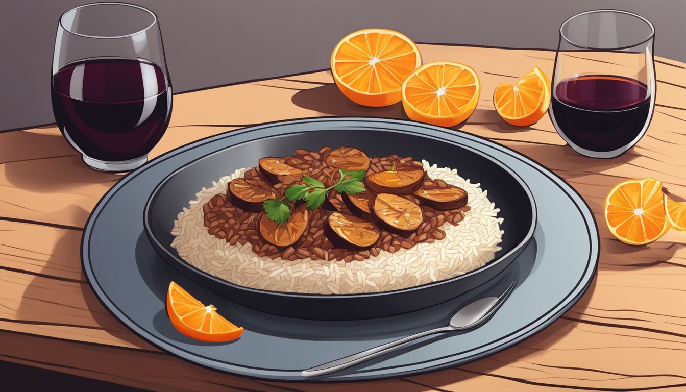 A plate of arroz de pato with a side of orange slices and a glass of red wine on a wooden table