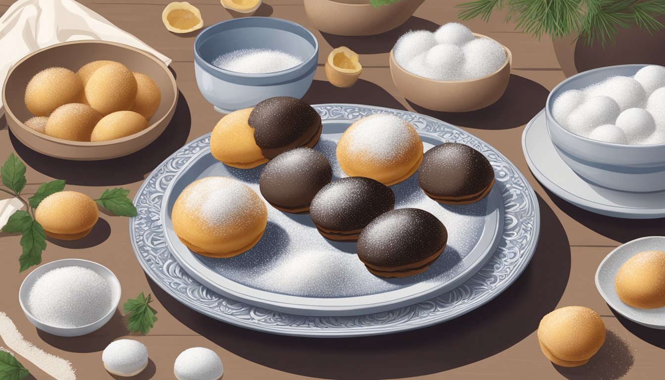 A plate of ovos moles sits on a table, surrounded by delicate pastry shells and a dusting of powdered sugar