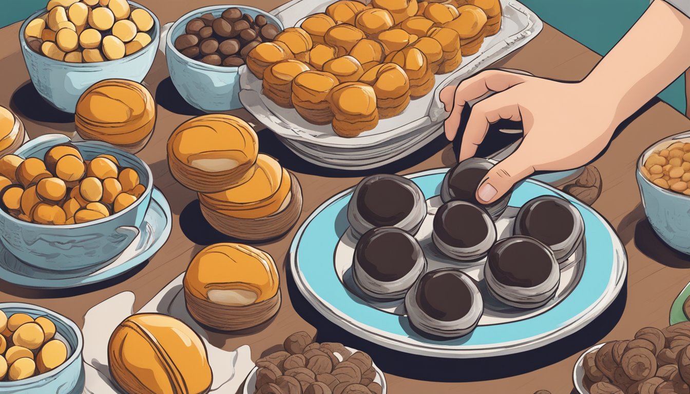 A plate of ovos moles sits on a table, surrounded by other Portuguese sweets. A person's hand reaches out to pick up a piece