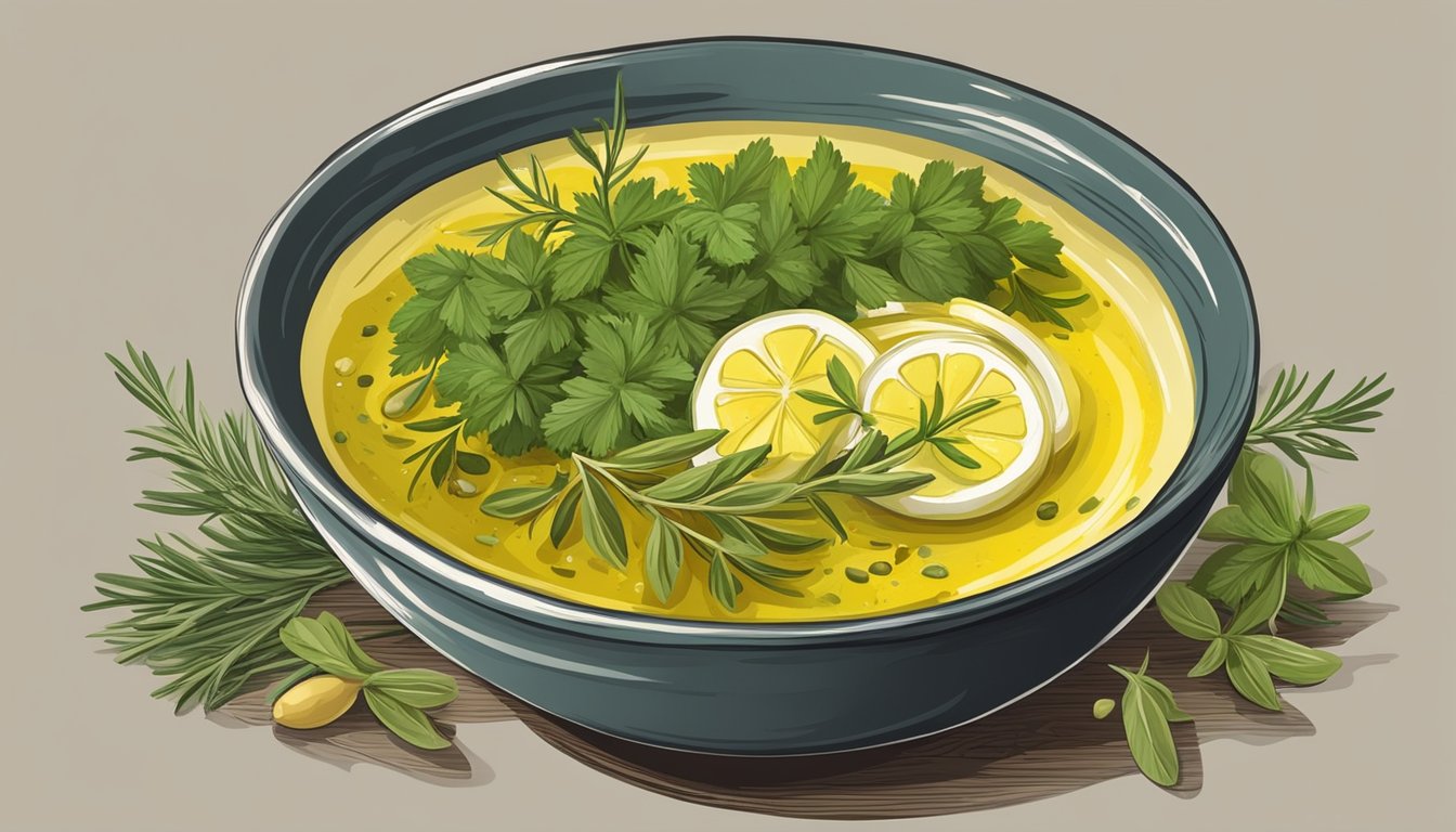 A bowl of açorda surrounded by fresh herbs and a drizzle of olive oil on a rustic wooden table