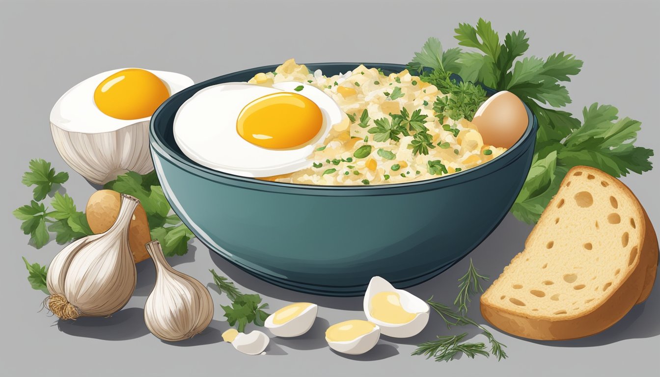 A bowl of açorda surrounded by ingredients like bread, garlic, eggs, and herbs, with a spoon resting on the side