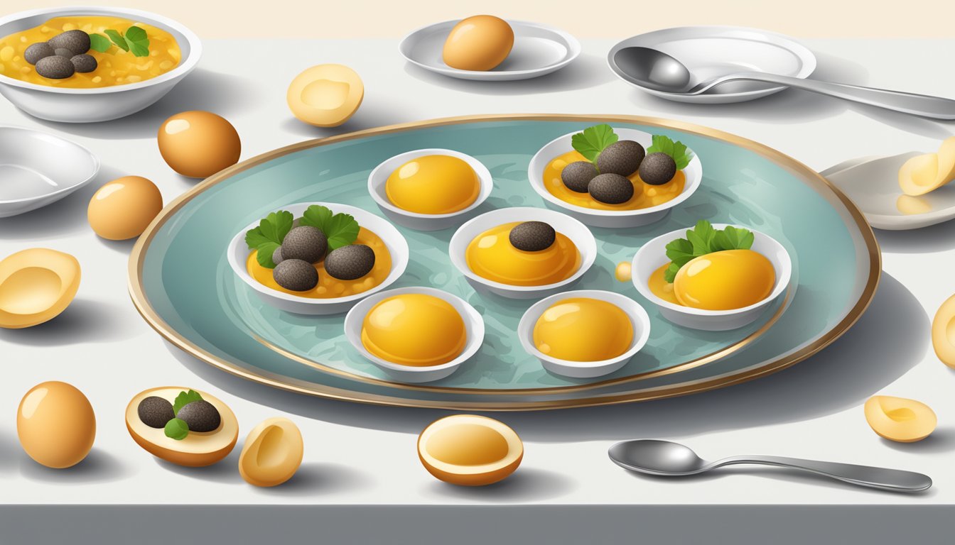 A table set with a plate of ovos moles and a small spoon