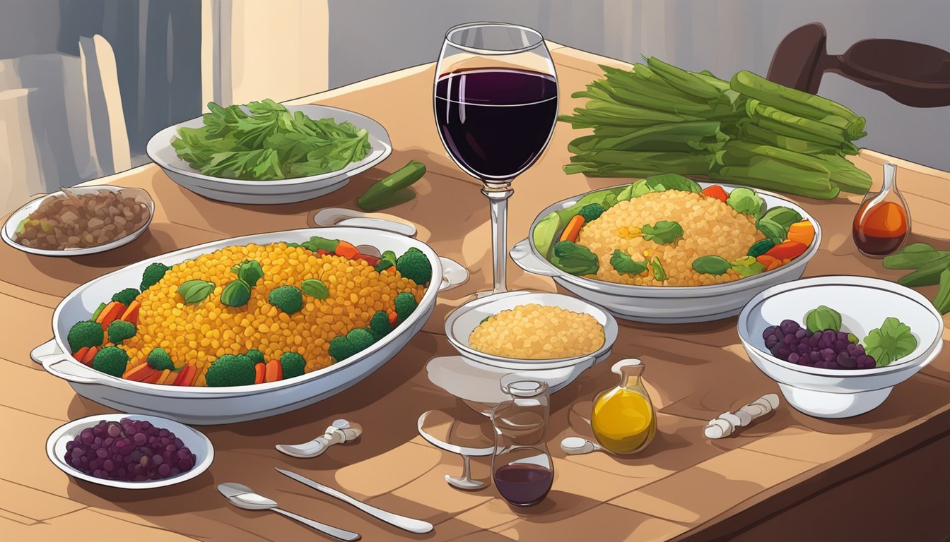 A table set with a steaming dish of arroz de pato, surrounded by colorful vegetables and a glass of red wine