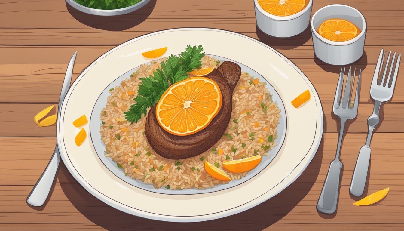 A plate of arroz de pato sits on a wooden table, garnished with orange slices and fresh herbs. A fork and knife are placed next to the dish