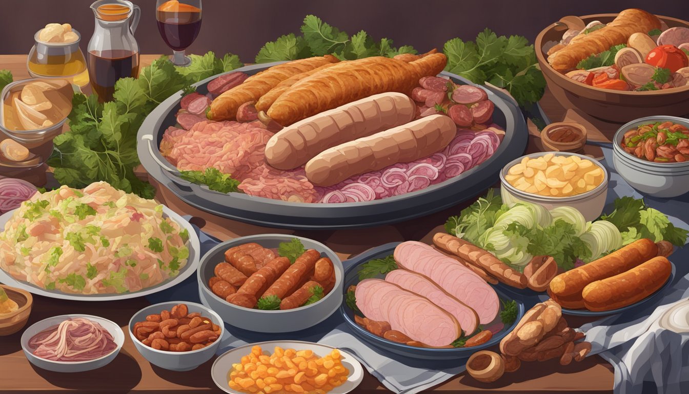 A table set with a large, steaming platter of choucroute garnie surrounded by assorted sausages, meats, and pickled cabbage