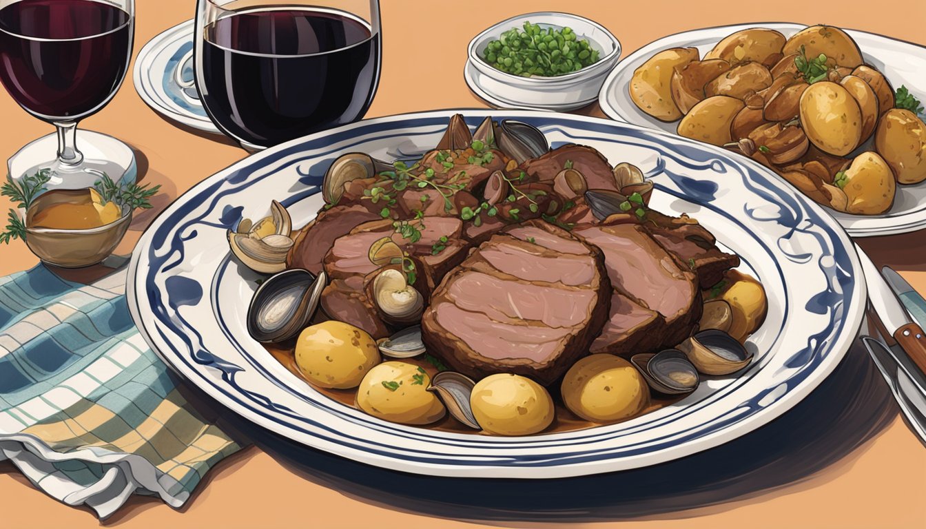 A plate of carne de porco à alentejana, with tender pork, clams, and potatoes, served in a traditional Portuguese ceramic dish. A glass of red wine accompanies the meal