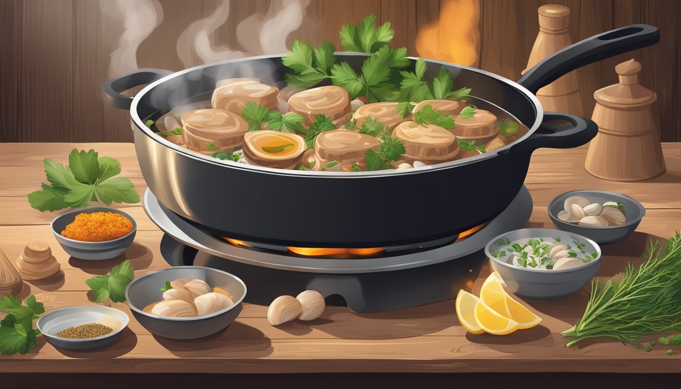 A sizzling pan of pork and clams, surrounded by fresh herbs and spices, steaming on a rustic wooden table