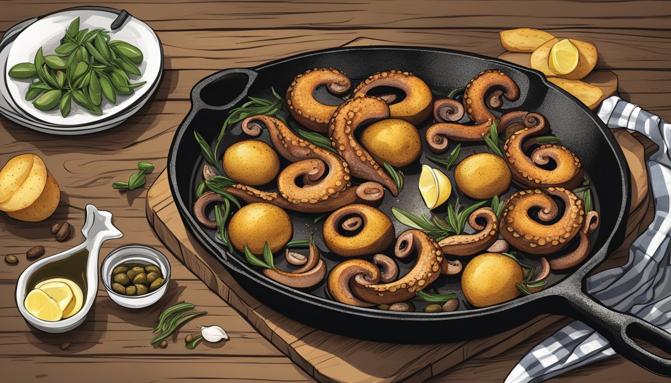 A rustic wooden table set with a sizzling cast iron skillet filled with tender octopus, drizzled with olive oil, and surrounded by roasted potatoes and garlic cloves