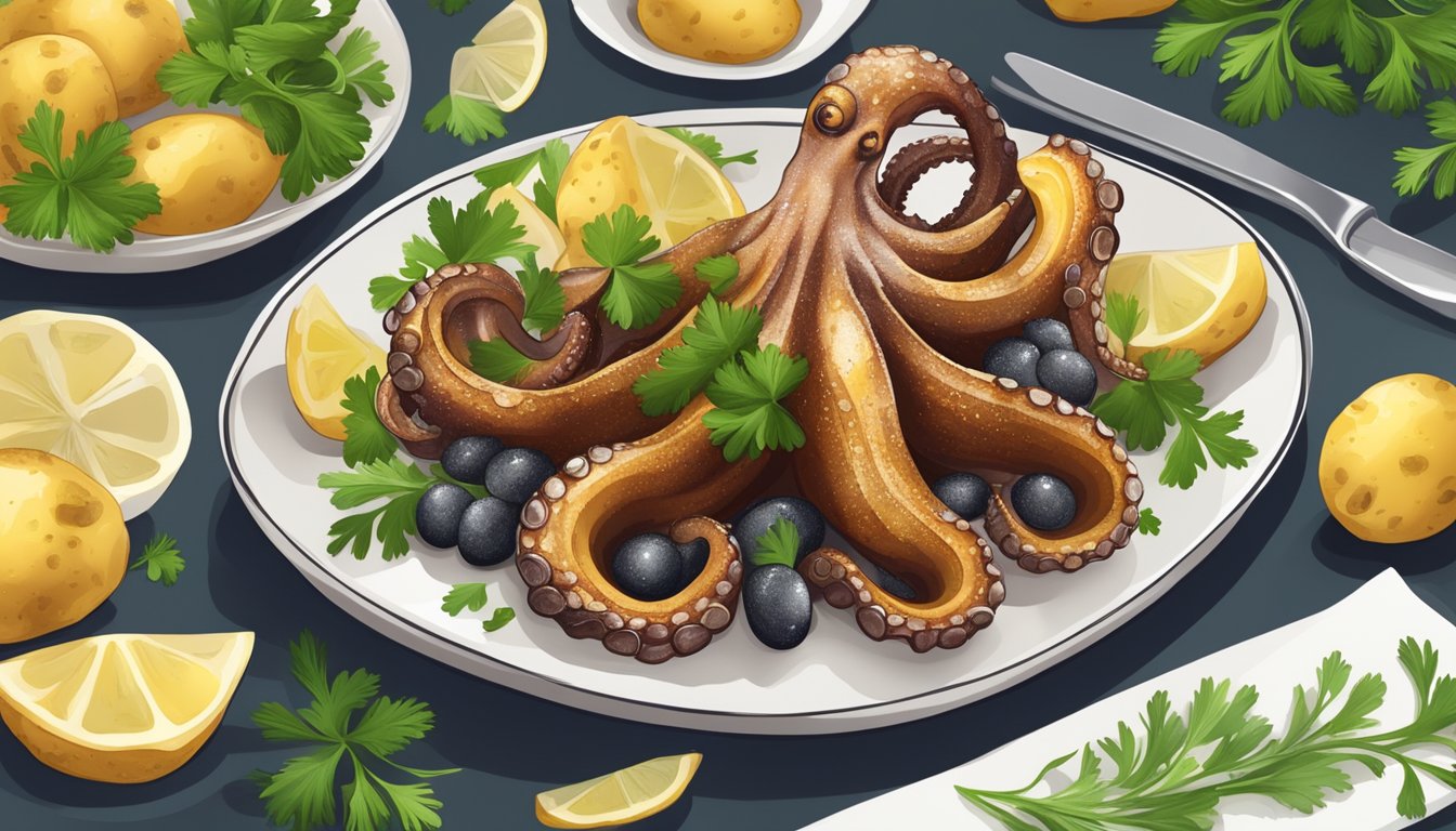 A table set with a whole roasted octopus, drizzled with olive oil, surrounded by golden potatoes and garnished with fresh parsley