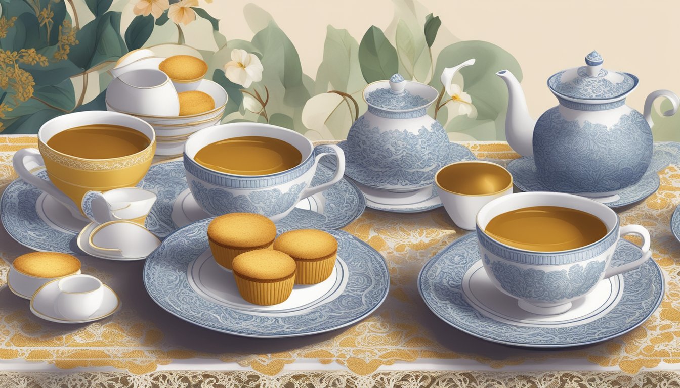 A table set with a traditional Portuguese pão de ló cake surrounded by vintage tea cups and a decorative lace tablecloth