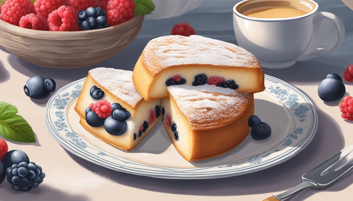 A slice of pão de ló sits on a delicate porcelain plate, surrounded by fresh berries and a dusting of powdered sugar