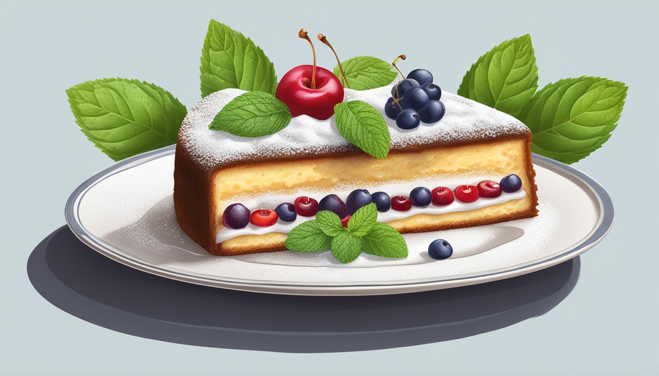 A slice of gâteau basque on a ceramic plate with a dollop of cream and a sprinkling of powdered sugar, surrounded by fresh cherries and a sprig of mint