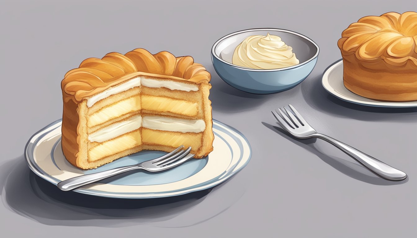 A gâteau basque on a plate, with a fork cutting into the flaky pastry and revealing the creamy filling inside