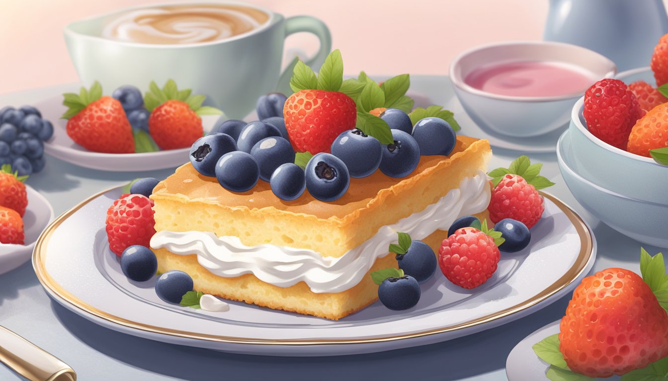 A slice of pão de ló on a delicate plate, surrounded by fresh berries and a dollop of whipped cream