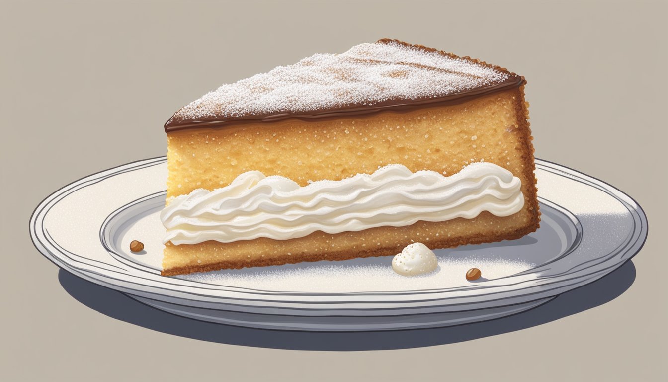 A slice of gâteau basque sits on a delicate porcelain plate, adorned with a dollop of whipped cream and a sprinkle of powdered sugar