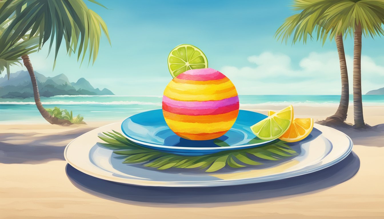 A beach scene with a colorful bola de berlim on a plate, surrounded by palm trees and a clear blue sky