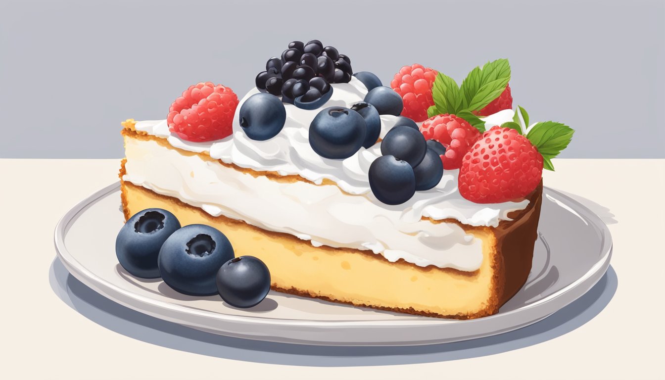 A slice of gâteau basque sits on a plate, surrounded by a dollop of whipped cream and a sprinkling of fresh berries