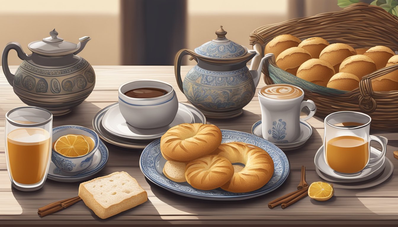 A table set with a plate of pão de ló and a cup of coffee, surrounded by traditional Portuguese decor and ingredients