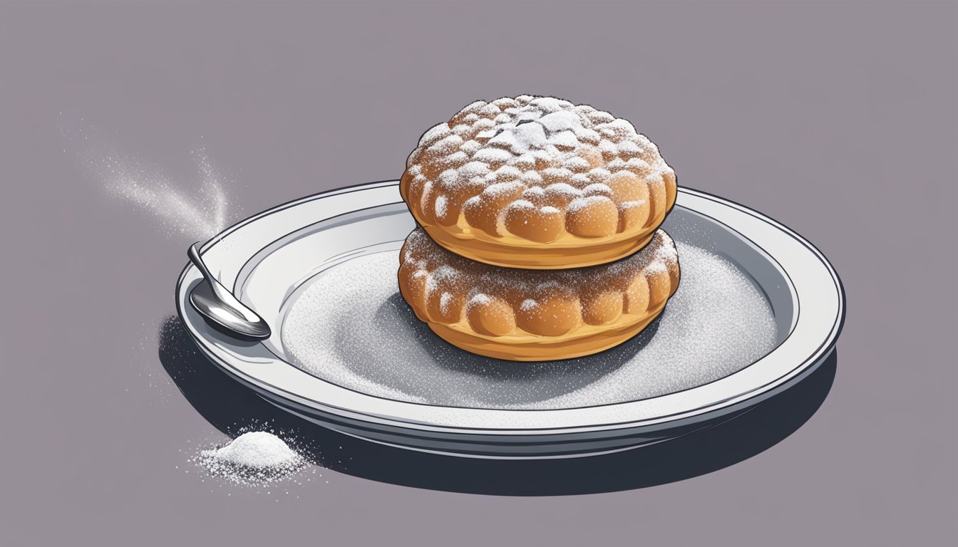 A hand reaching for a bola de berlim on a plate, with a sprinkle of powdered sugar on top, and a bite taken out of it