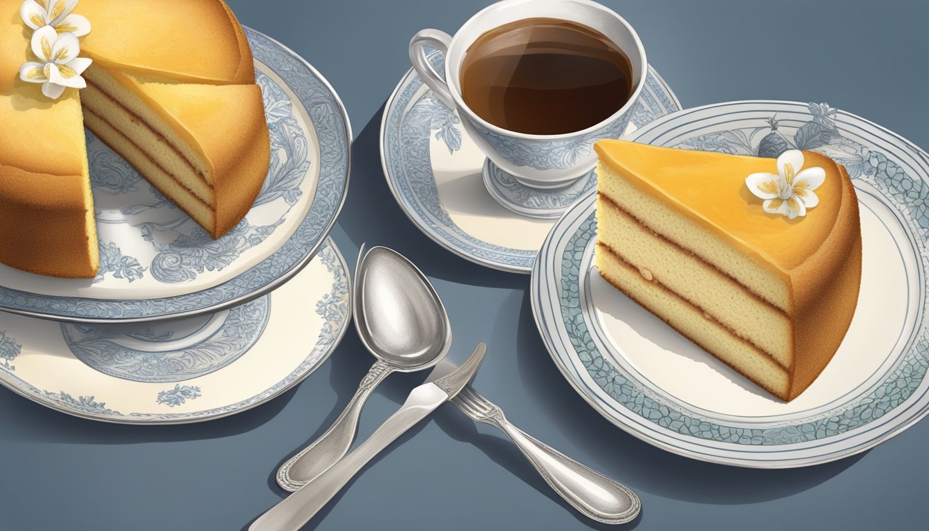 A table set with a vintage tea set, a slice of pão de ló on a delicate plate, and a silver fork ready to enjoy the traditional Portuguese sponge cake