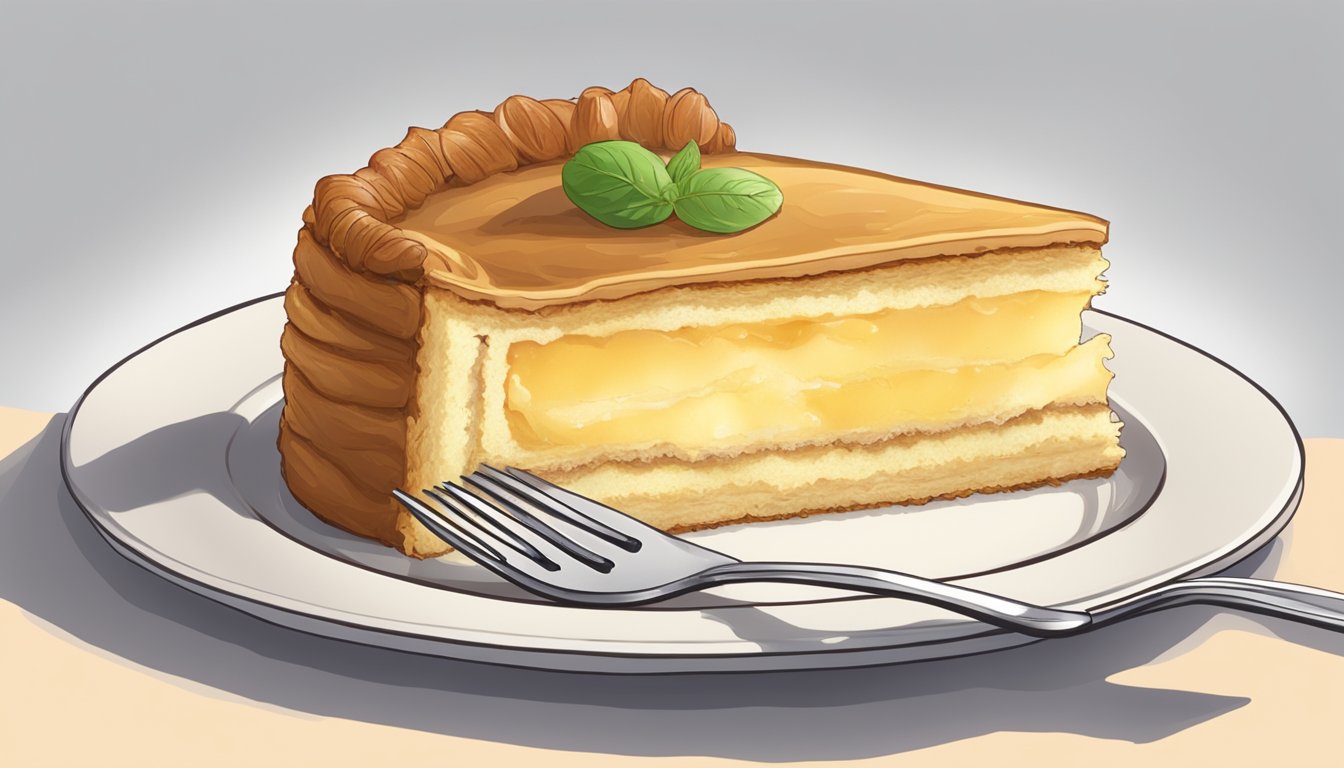 A slice of gâteau basque on a plate, with a fork cutting into the flaky pastry and revealing the creamy filling inside