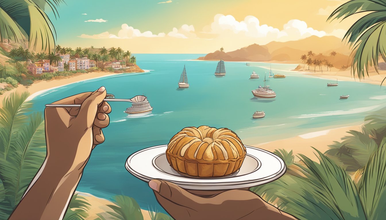 A person is holding a bola de berlim, taking a bite with the pastry's filling visible. The scene is set in a coastal environment with palm trees in the background