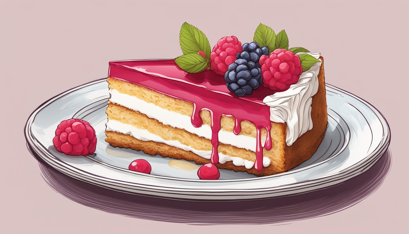 A slice of gâteau basque sits on a delicate plate, accompanied by a dollop of whipped cream and a drizzle of raspberry coulis