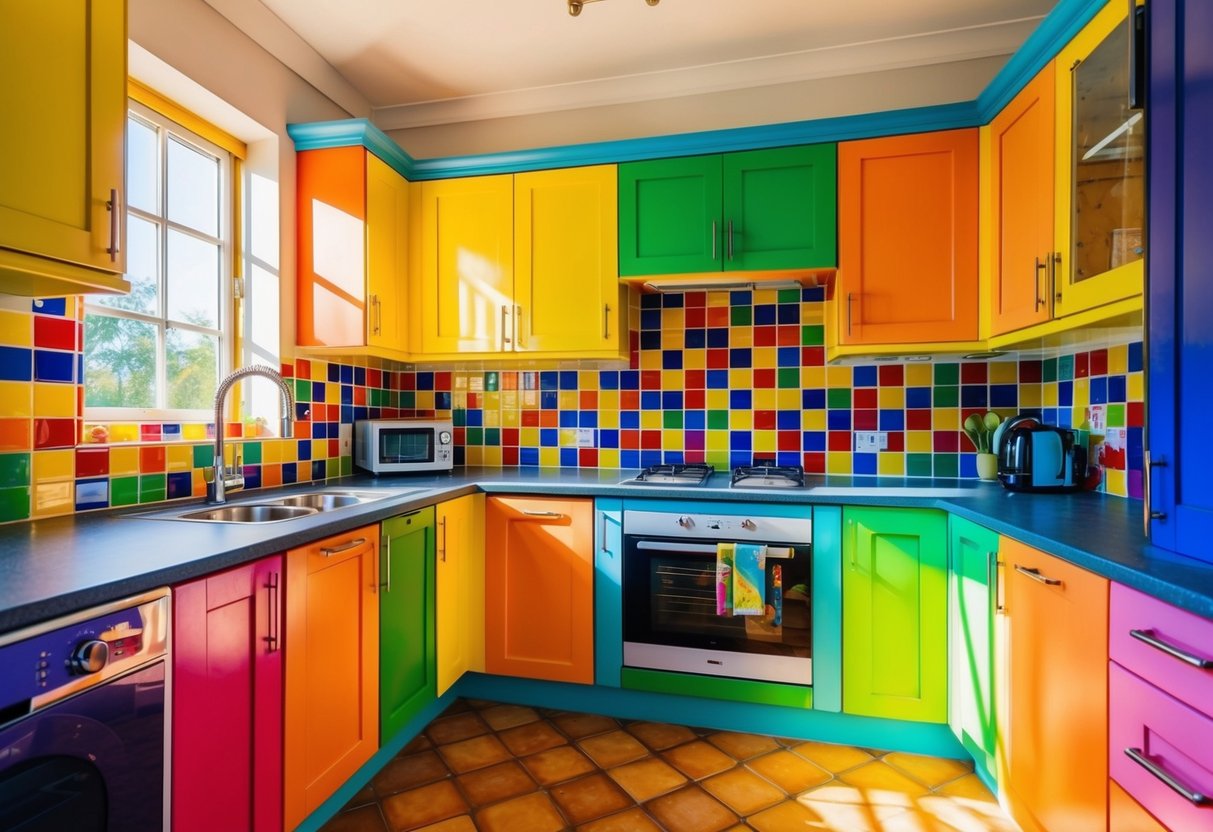 A vibrant kitchen with rainbow-colored cabinets, bright tiled backsplash, and colorful appliances. The sunlight streams in, casting a warm glow on the cheerful space